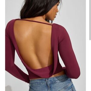 NWT Garage Cowl Back High Neck Crop Top Burgundy Wine Maroon Long Sleeve Top XXS